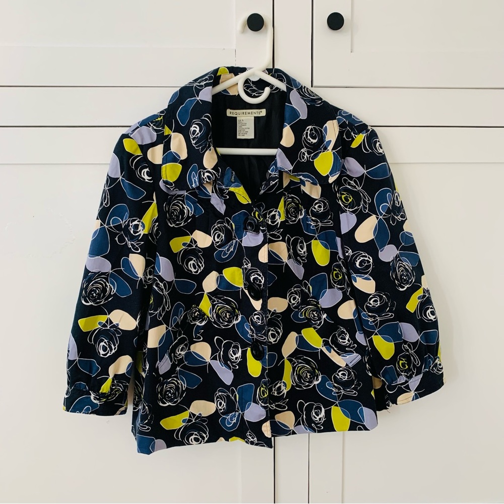 Requirements Cotton Navy Blue Floral Crop ¾ Sleeve Jacket Size Large